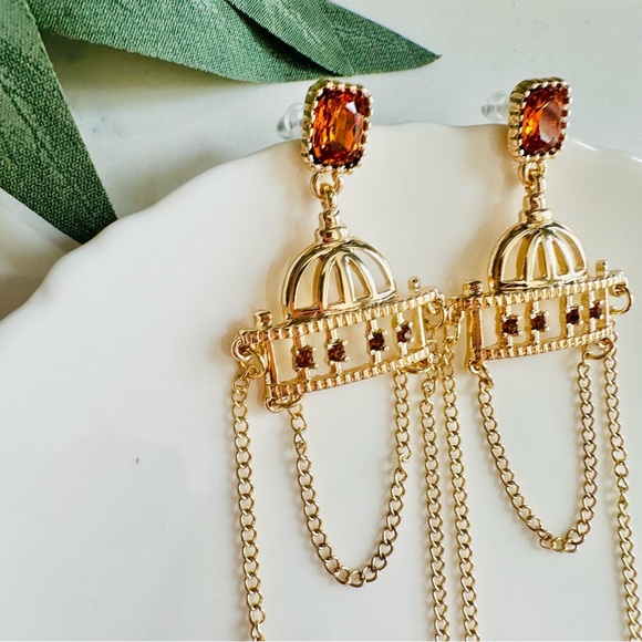 2/$30🌵 Gold Tassel Dangle Earrings Amber Rhinestone European Chic Jewelry NEW - Picture 7 of 12
